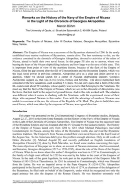Remarks on the History of the Navy of the Empire of Nicaea in the Light of the Chronicle of Georgios Akropolites Marcin Böhm the University of Opole, Ul