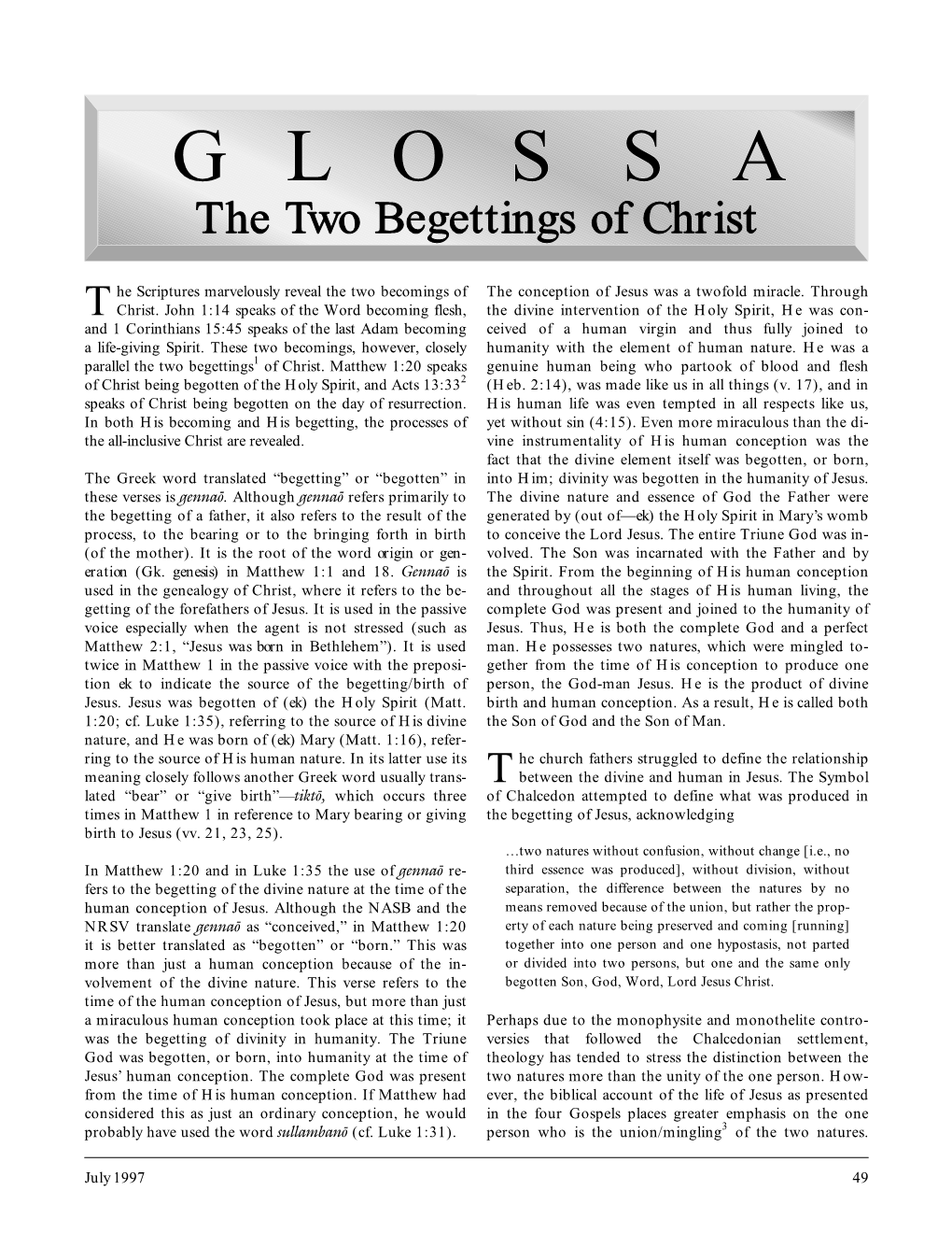 GLOSSA the Two Begettings of Christ