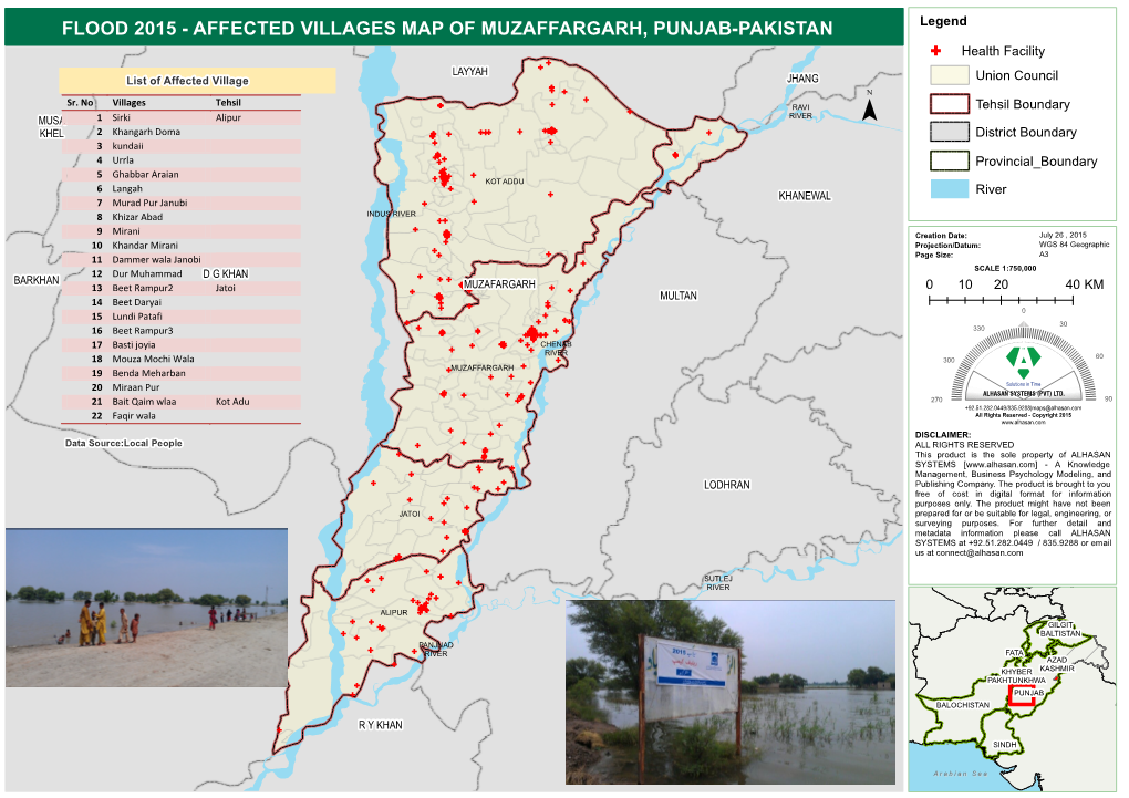 AFFECTED VILLAGES MAP of MUZAFFARGARH, PUNJAB-PAKISTAN Legend G Health Facility G G LAYYAH JHANG Union Council List of Affected Village G G G G Sr