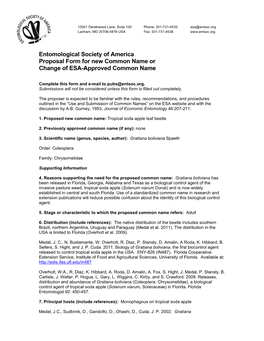 Entomological Society of America Proposal Form for New Common Name Or Change of ESA-Approved Common Name