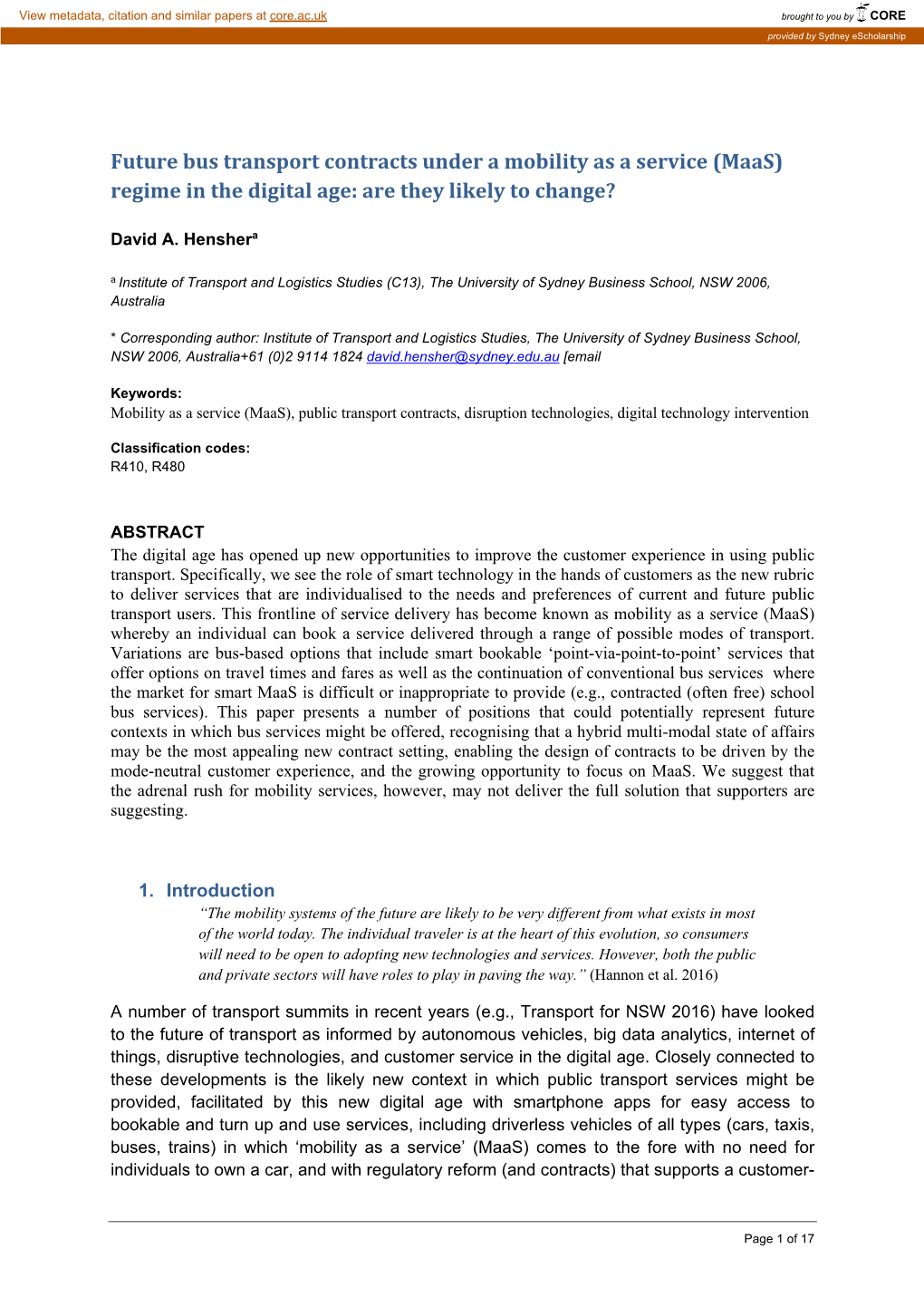 Future Bus Transport Contracts Under a Mobility As a Service (Maas) Regime in the Digital Age: Are They Likely to Change?