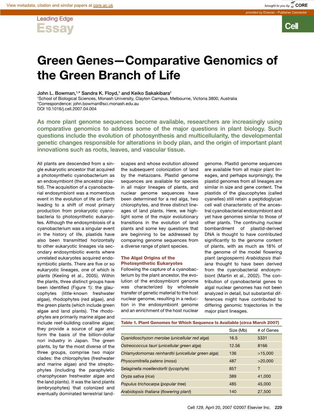 Green Genes—Comparative Genomics of the Green Branch of Life