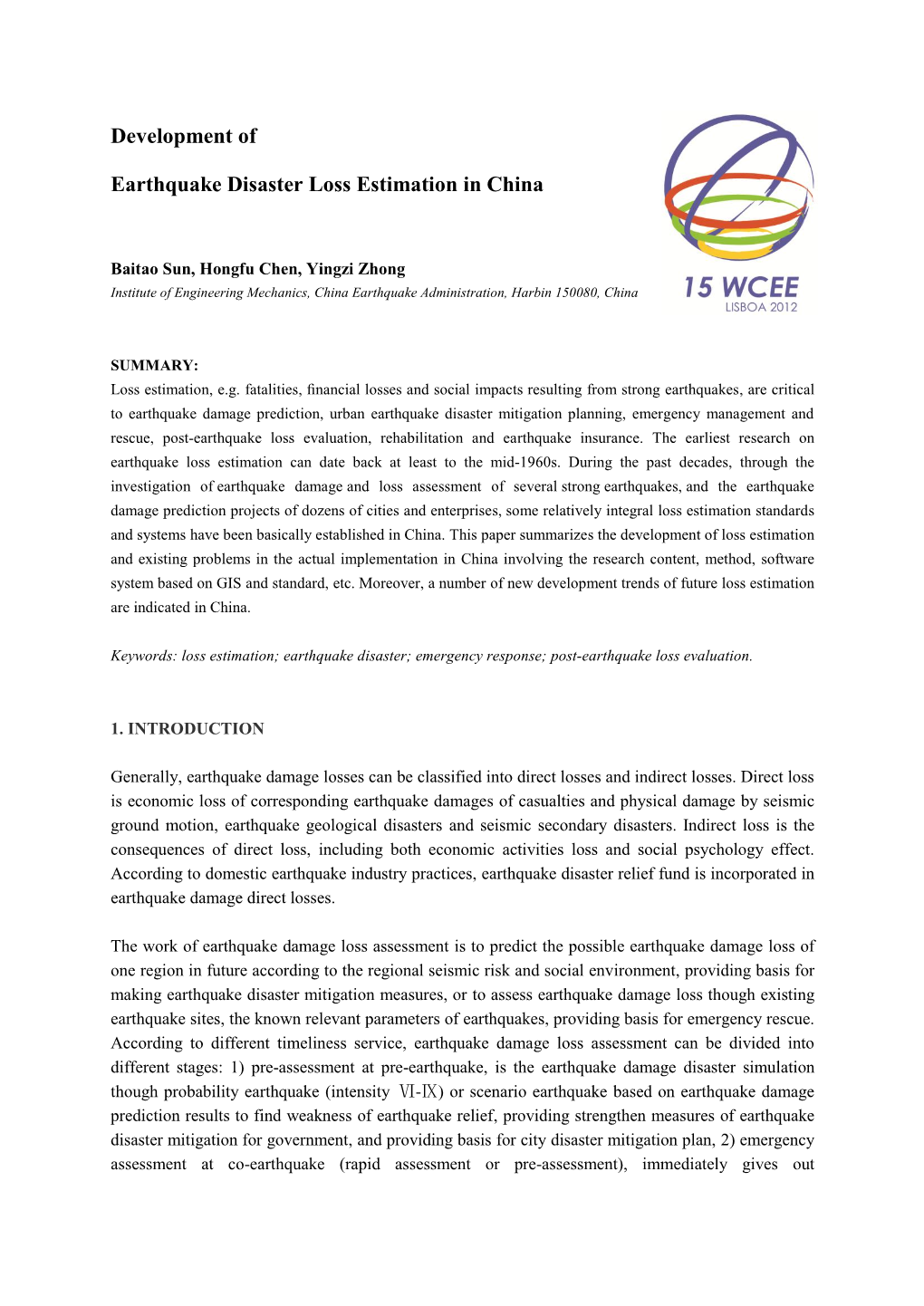 Development of Earthquake Disaster Loss Estimation in China