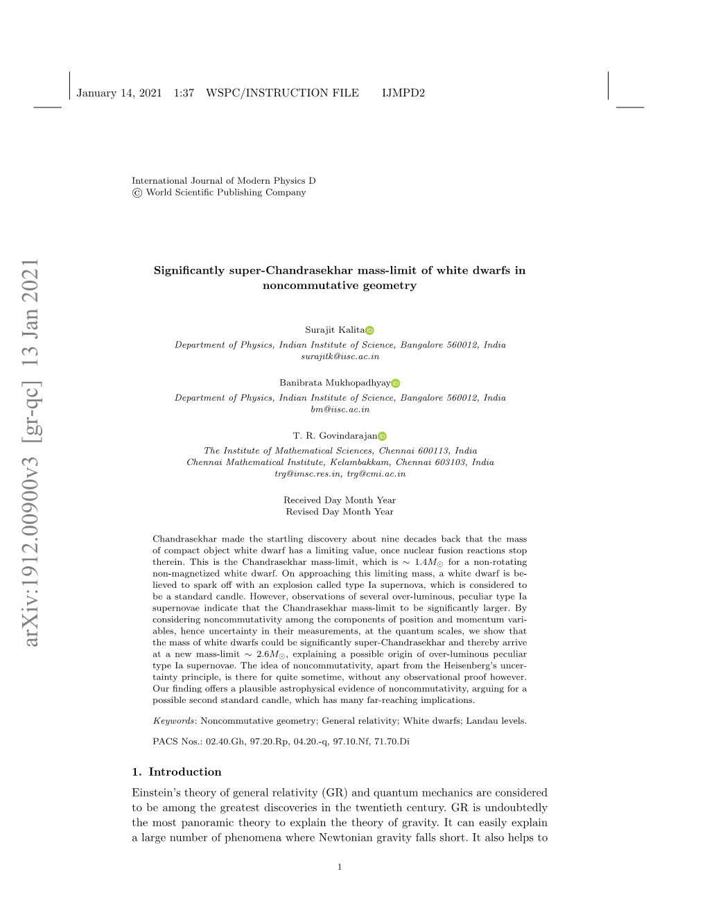 Arxiv:1912.00900V3 [Gr-Qc] 13 Jan 2021 at a New Mass-Limit ∼ 2.6M , Explaining a Possible Origin of Over-Luminous Peculiar Type Ia Supernovae