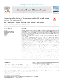Factors That Affect the Use of Electronic Personal Health Records Among Patients a Systematic Review