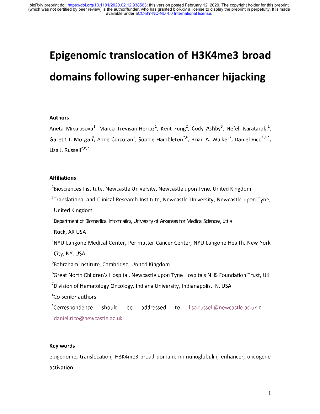 Epigenomic Translocation of H3k4me3 Broad Domains Following Super-Enhancer Hijacking