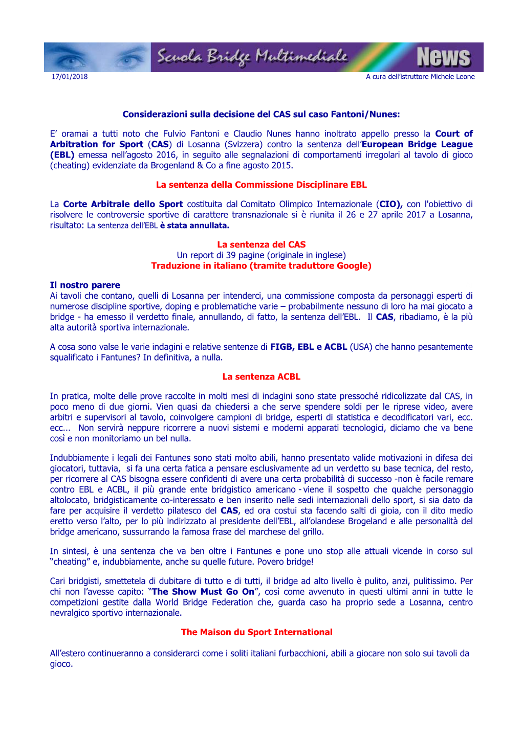 Considerazioni Sulla Decisione Del CAS Sul Caso Fantoni/Nunes