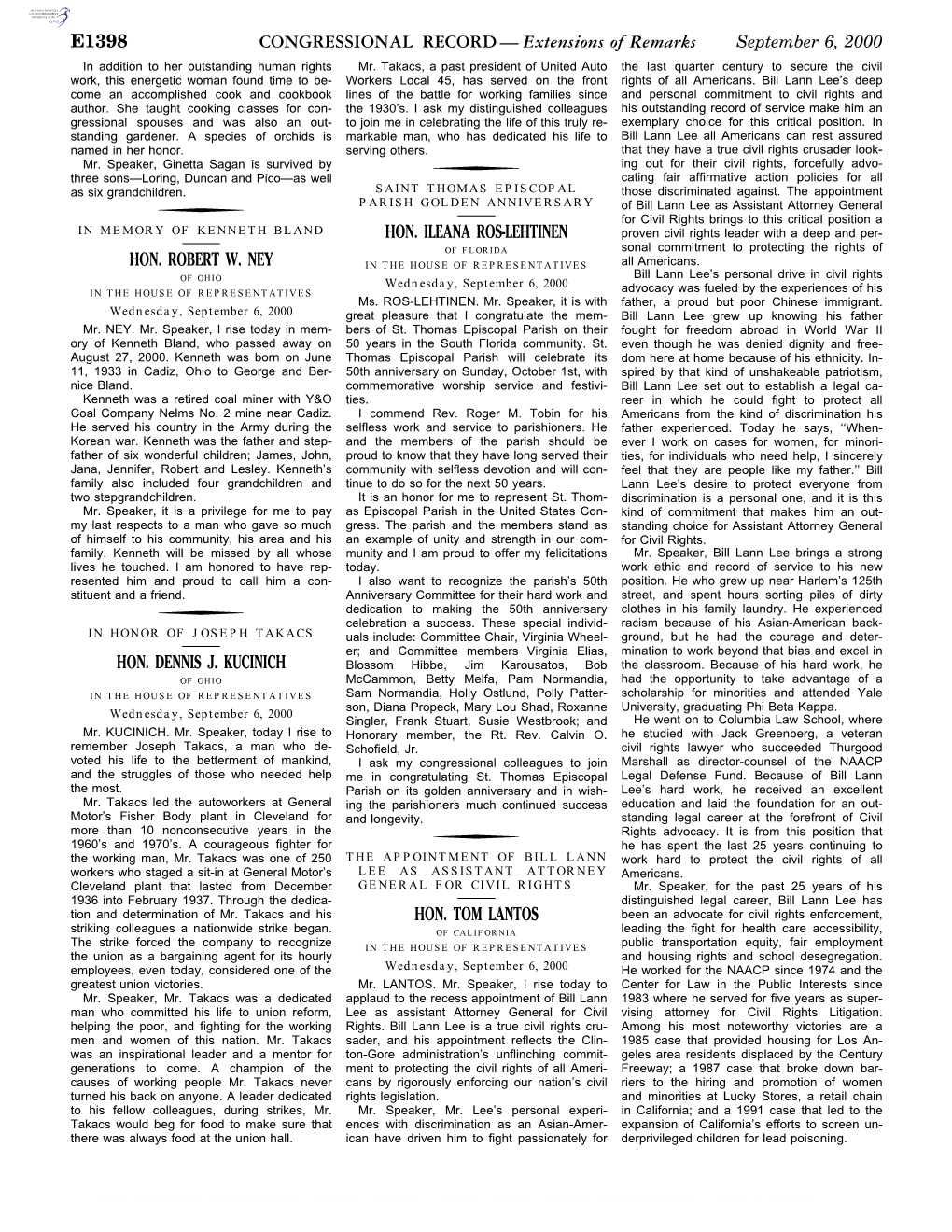 CONGRESSIONAL RECORD— Extensions of Remarks E1398 HON. ROBERT W. NEY HON. DENNIS J. KUCINICH HON. ILEANA ROS-LEHTINEN HON