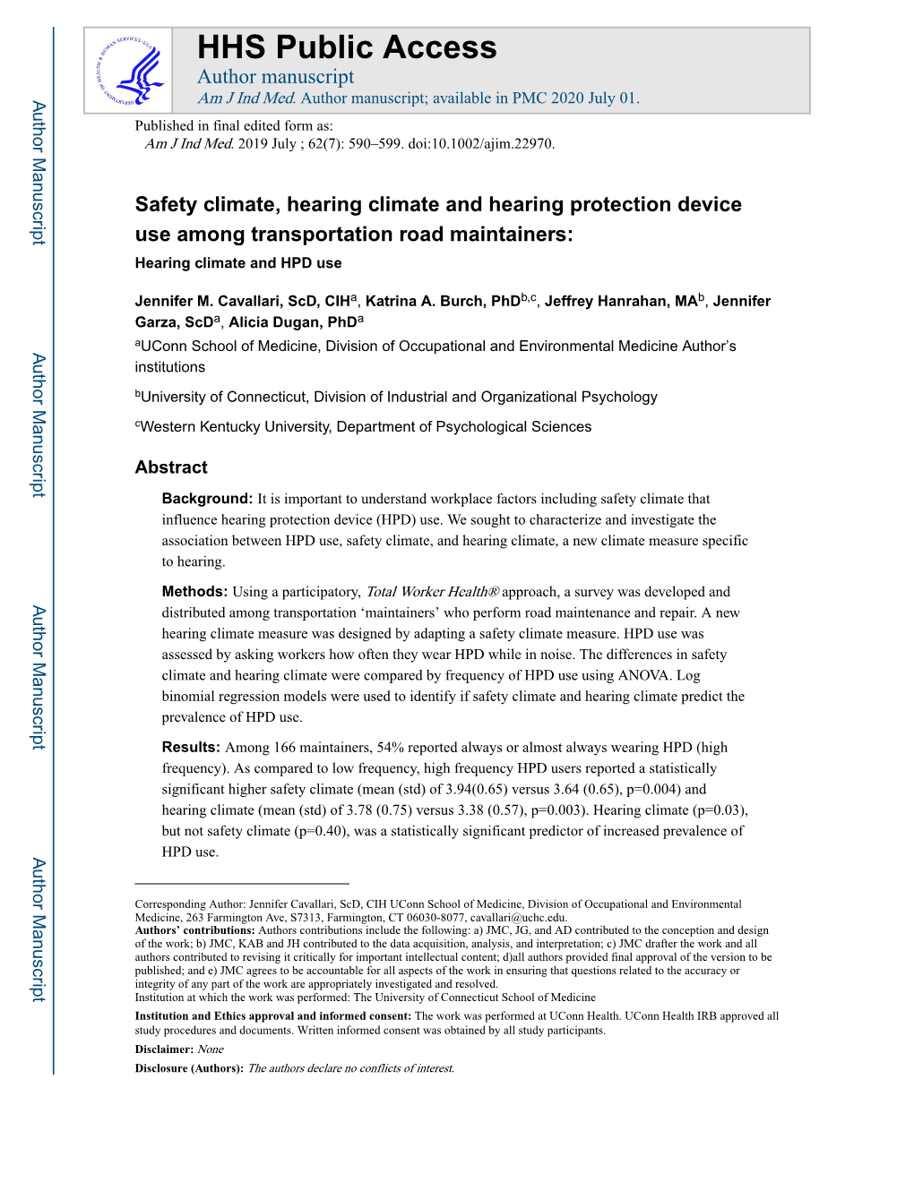 Safety Climate, Hearing Climate and Hearing Protection Device Use Among Transportation Road Maintainers: Hearing Climate and HPD Use