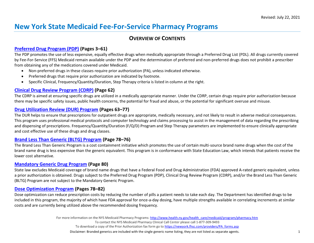 NYS Medicaid Fee-For-Service Preferred Drug List PREFERRED DRUG LIST – TABLE of CONTENTS I