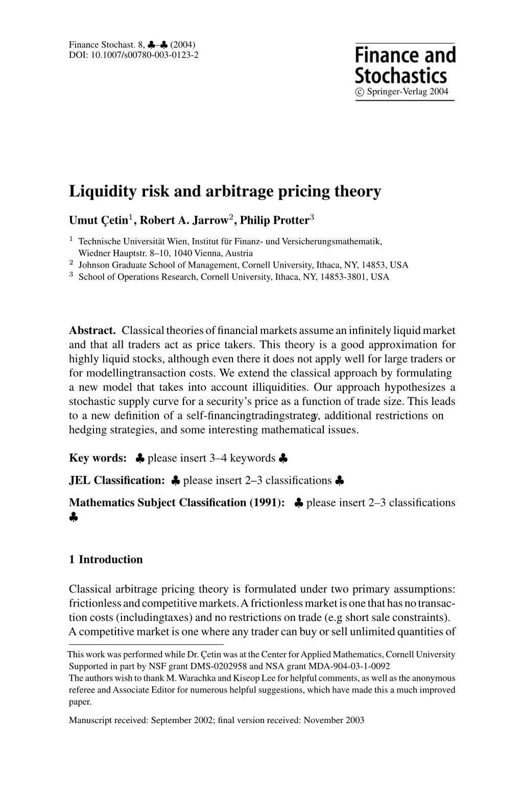 Liquidity Risk and Arbitrage Pricing Theory
