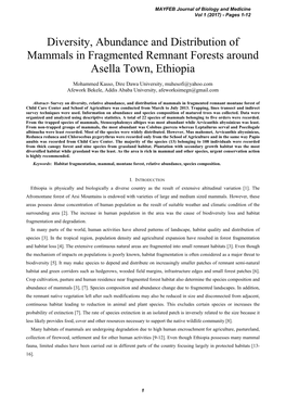 Diversity, Abundance and Distribution of Mammals in Fragmented Remnant Forests Around Asella Town, Ethiopia