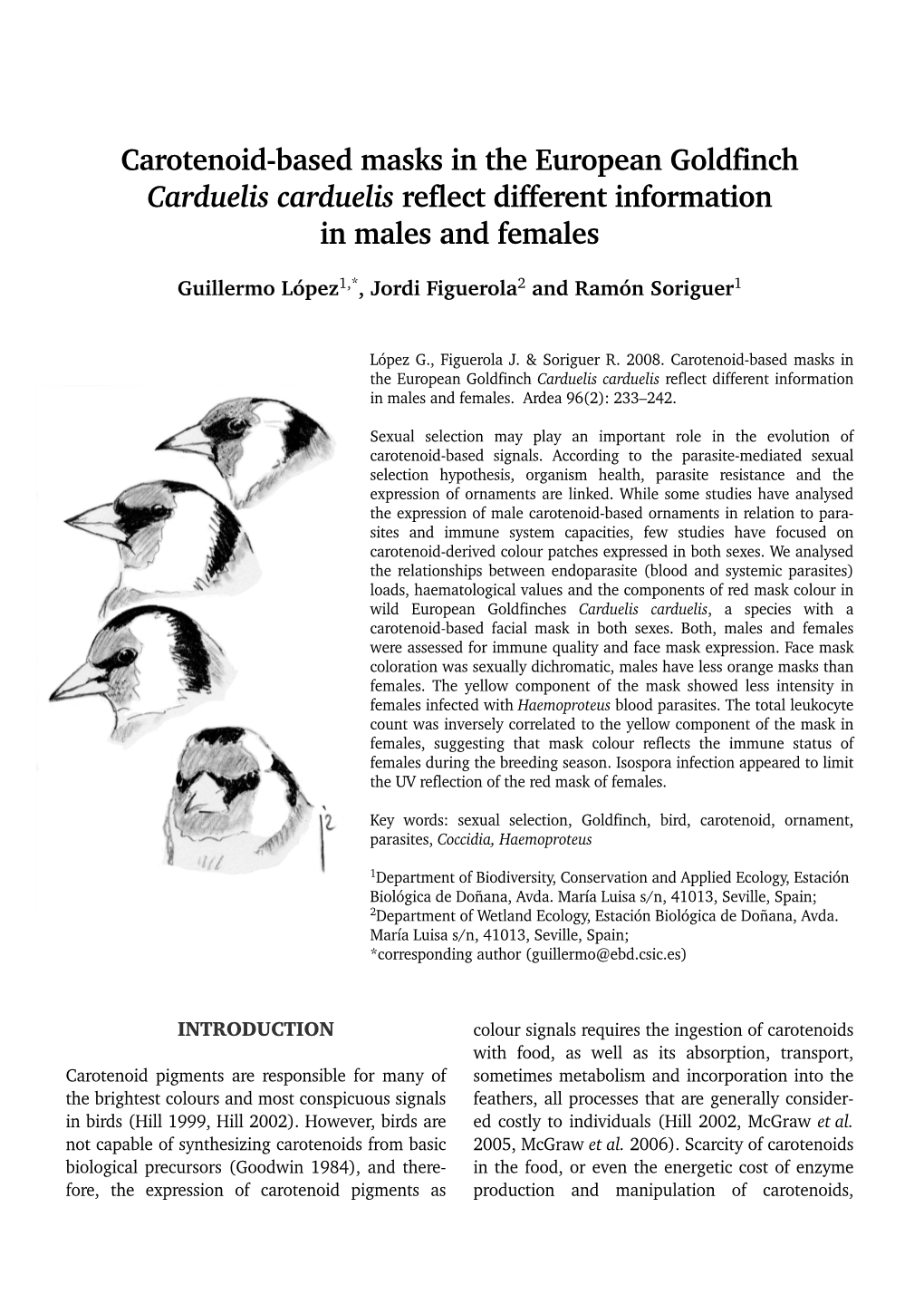 Carotenoid-Based Masks in the European Goldfinch Carduelis Carduelis Reflect Different Information in Males and Females