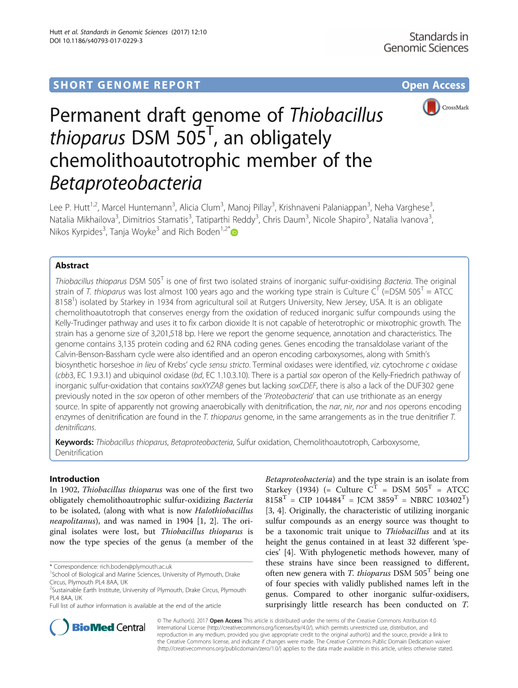 Permanent Draft Genome of Thiobacillus Thioparus DSM 505T, an Obligately Chemolithoautotrophic Member of the Betaproteobacteria