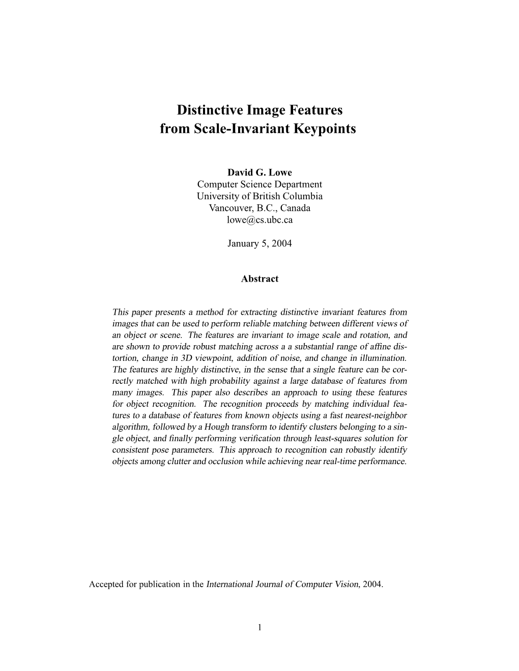 David Lowe, Distinctive Image Features from Scale-Invariant