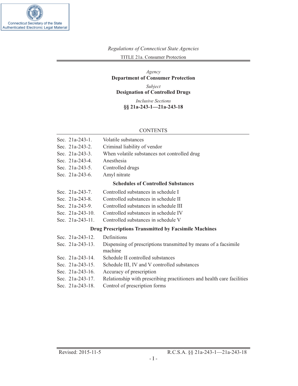 Department of Consumer Protection Designation of Controlled Drugs