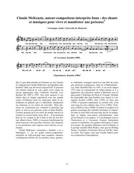 Claude Mckenzie, Auteur-Compositeur-Interprète Innu : Des Chants Et Musiques Pour Vivre Et Manifester Une Présence1
