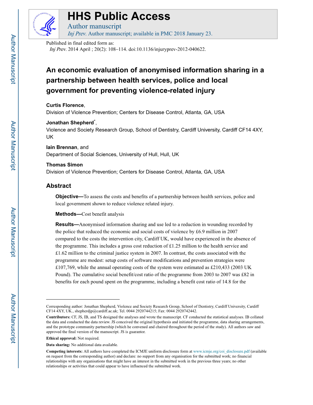 An Economic Evaluation of Anonymised Information Sharing in a Partnership Between Health Services, Police and Local Government for Preventing Violence-Related Injury