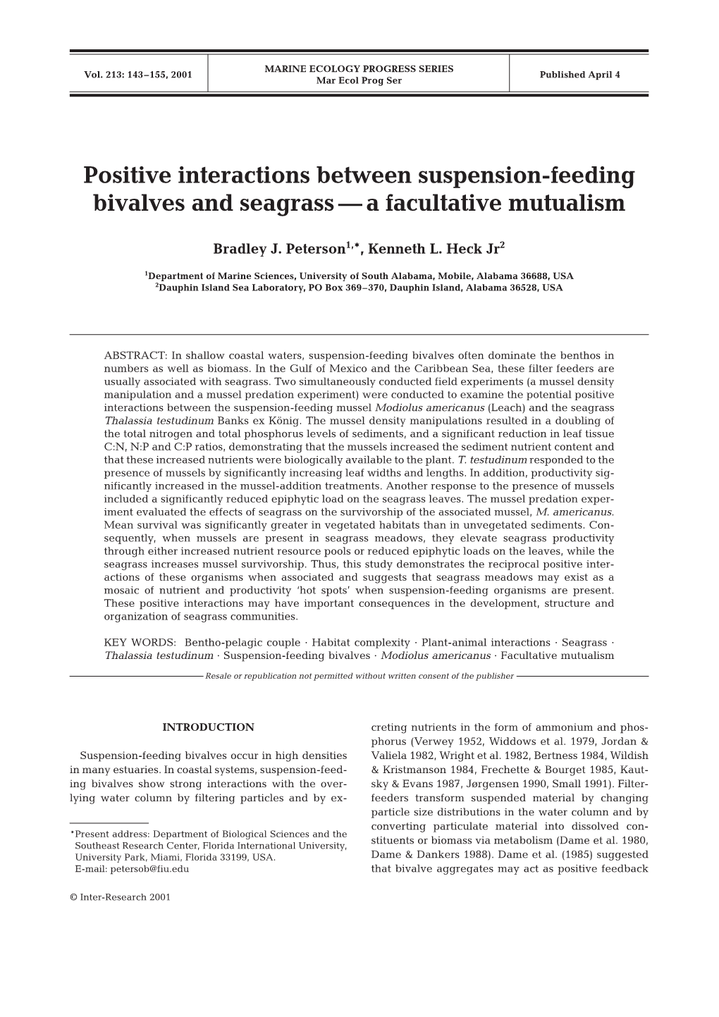 Positive Interactions Between Suspension-Feeding Bivalves and Seagrass — a Facultative Mutualism