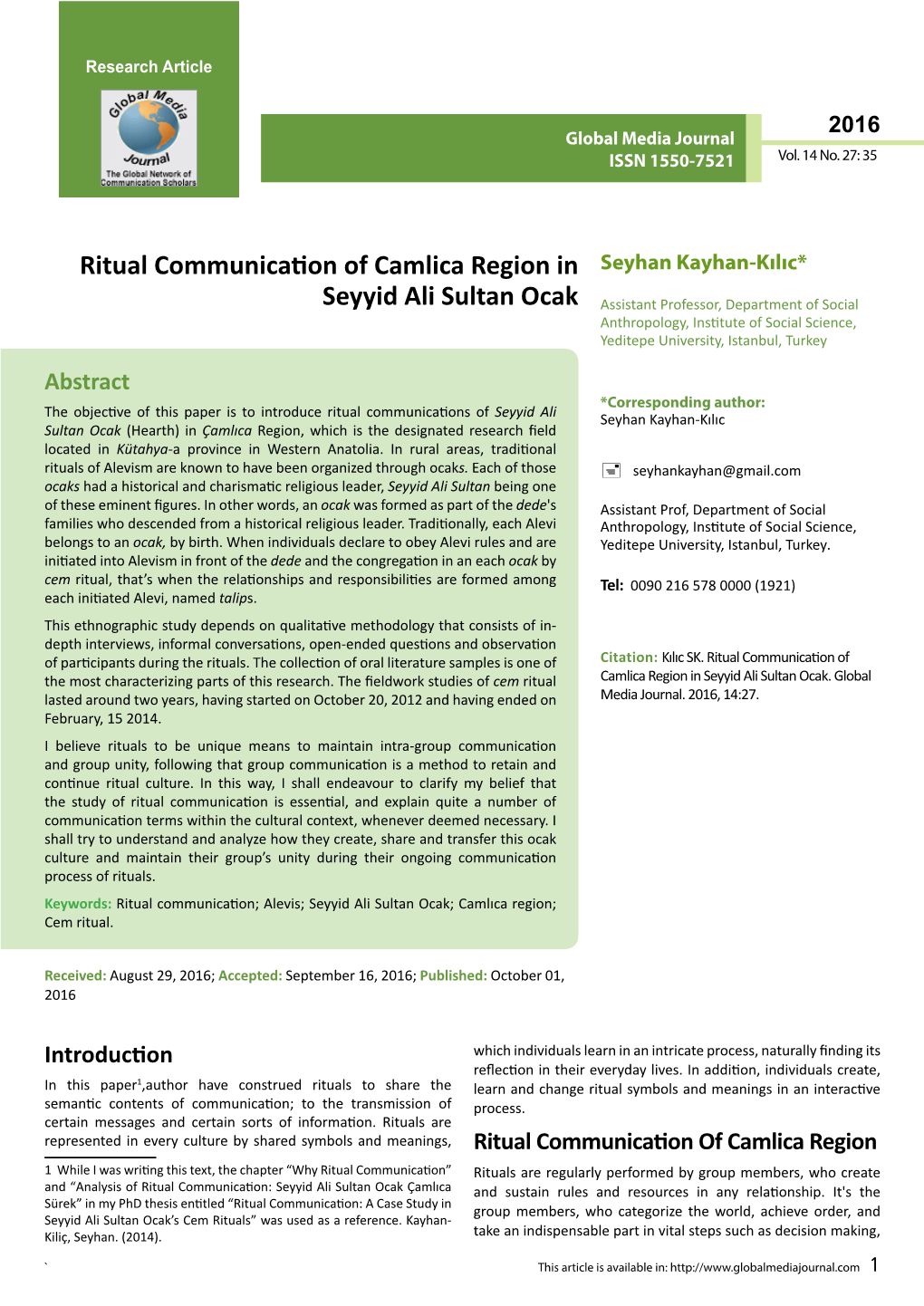 Ritual Communication of Camlica Region in Seyyid Ali Sultan Ocak