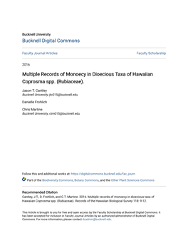 Multiple Records of Monoecy in Dioecious Taxa of Hawaiian Coprosma Spp. (Rubiaceae)
