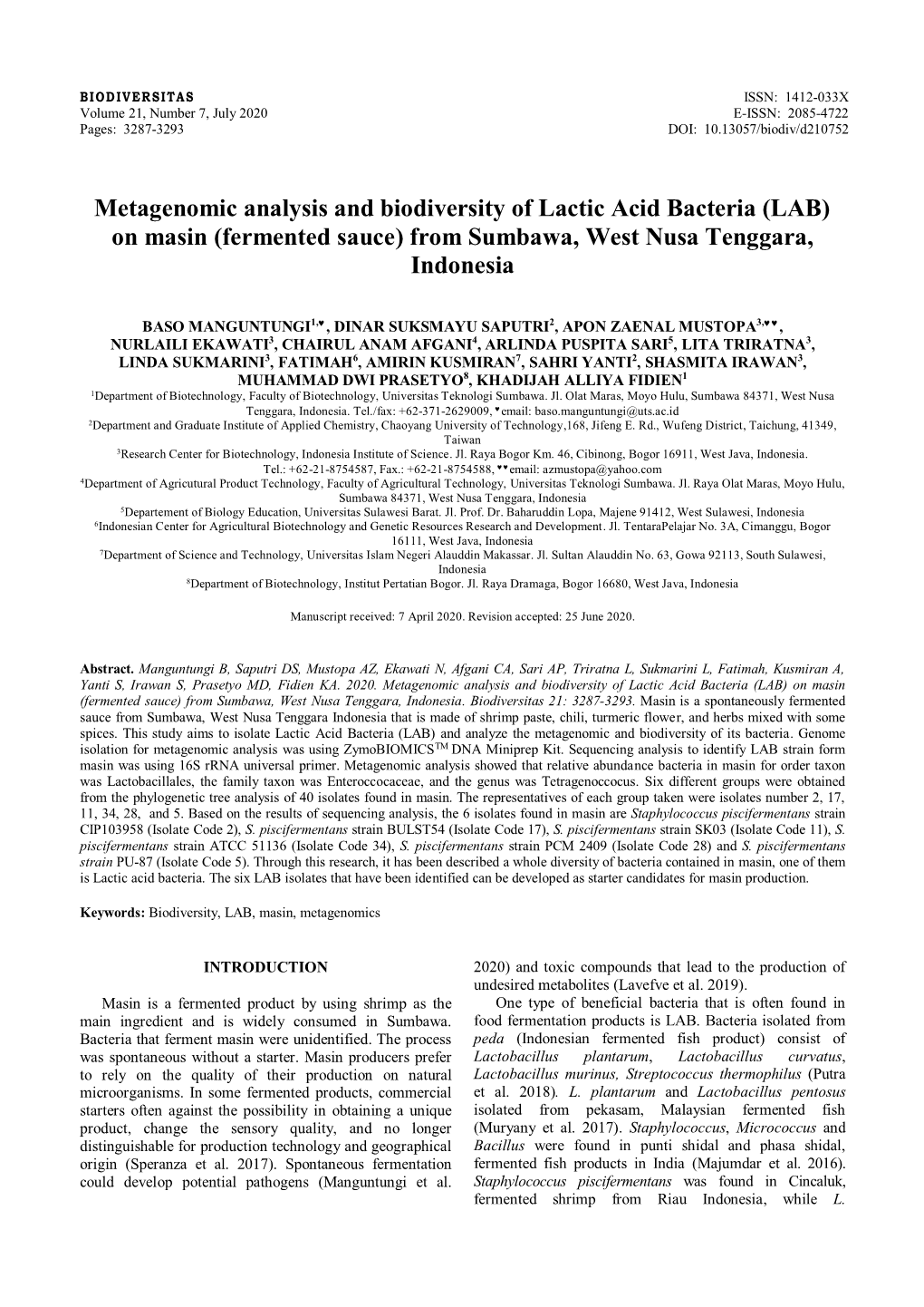 Metagenomic Analysis and Biodiversity of Lactic Acid Bacteria (LAB) on Masin (Fermented Sauce) from Sumbawa, West Nusa Tenggara, Indonesia