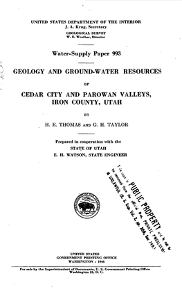 Geology and Ground-Water Resources Cedar City and Parowan Valleys, Iron County, Utah