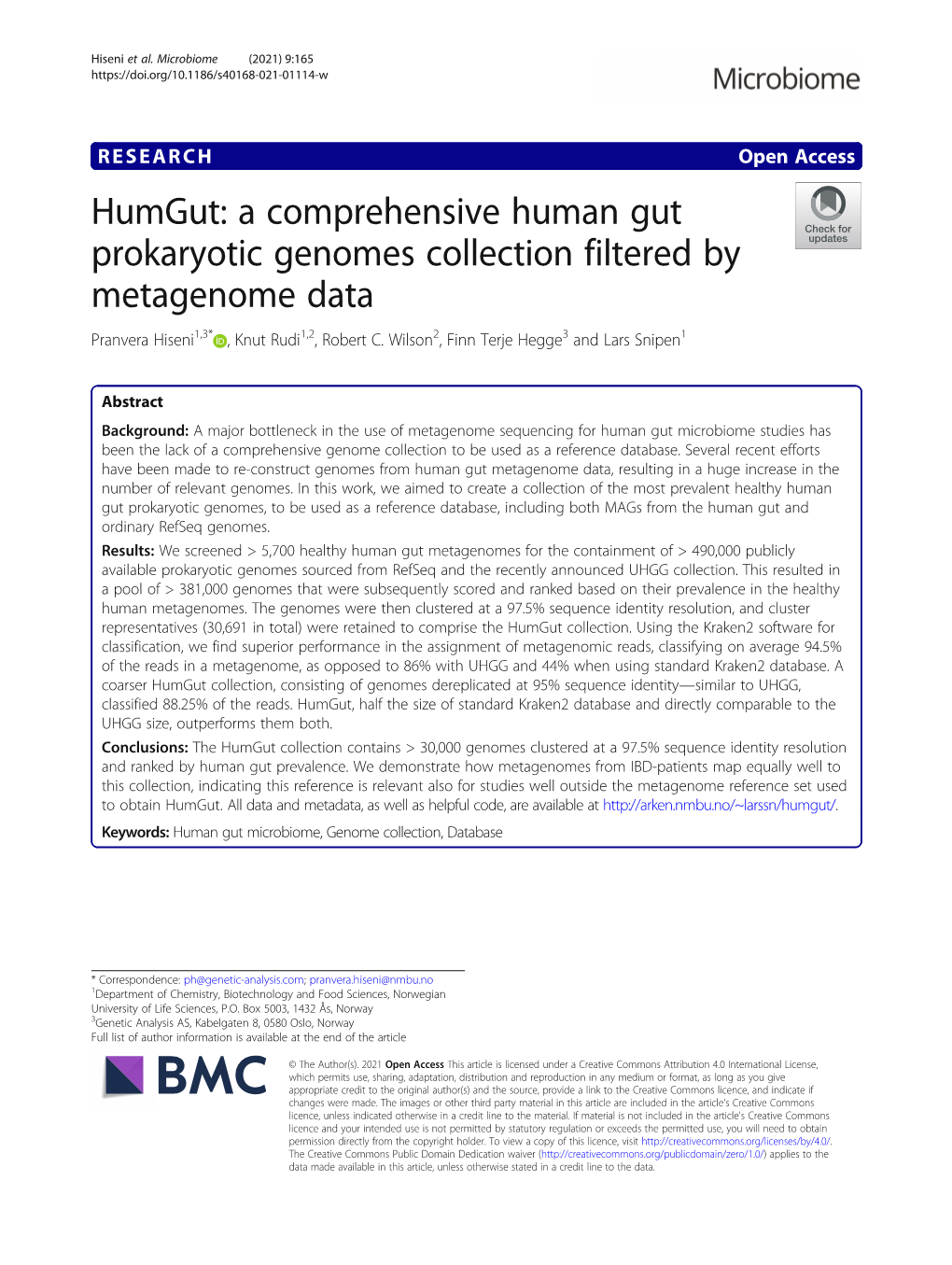 A Comprehensive Human Gut Prokaryotic Genomes Collection Filtered by Metagenome Data Pranvera Hiseni1,3* , Knut Rudi1,2, Robert C