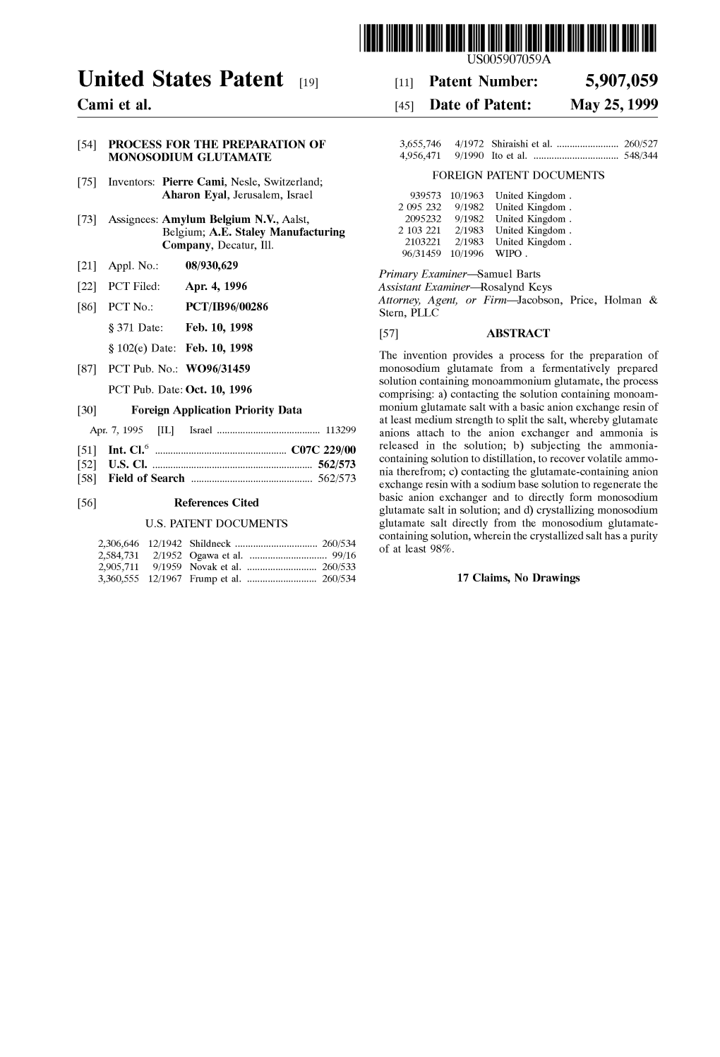 United States Patent (19) 11 Patent Number: 5,907,059 Cami Et Al