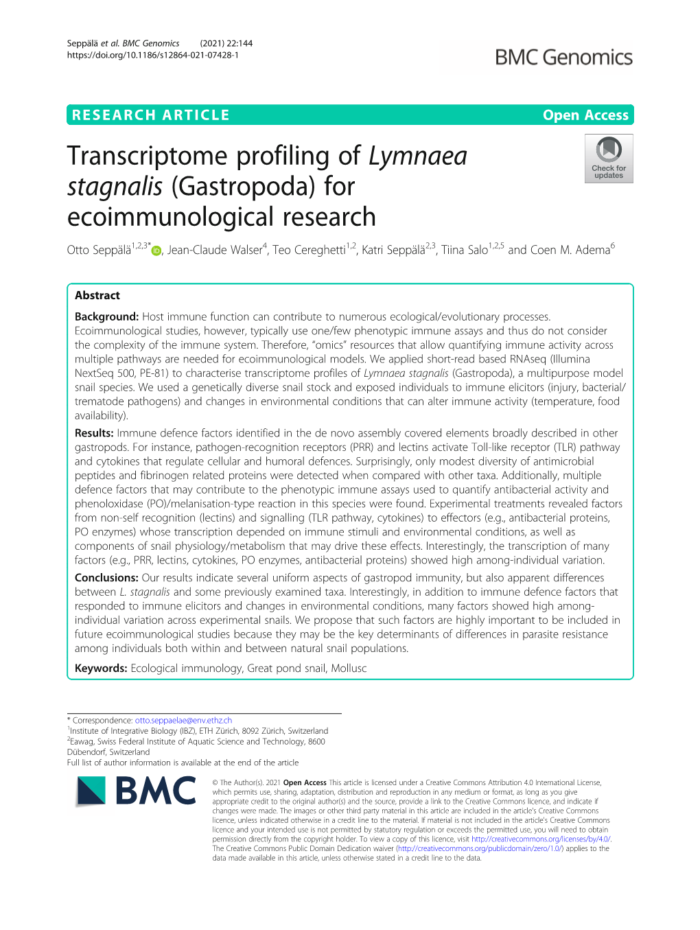 Transcriptome Profiling of Lymnaea Stagnalis (Gastropoda) For