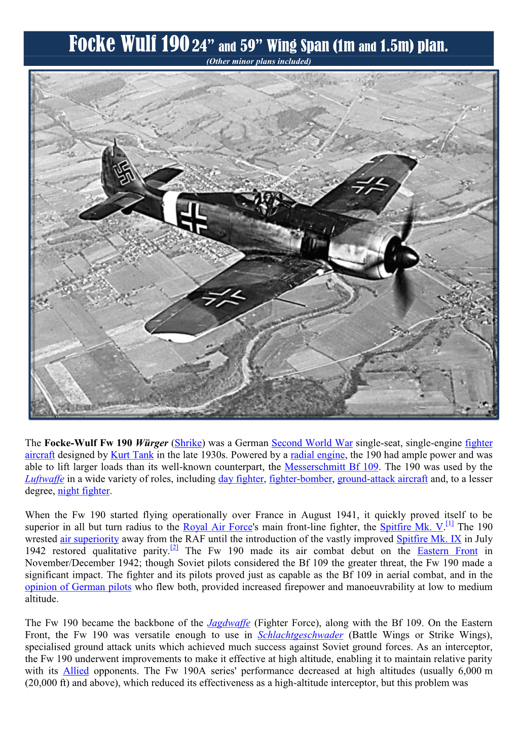Focke Wulf 190 24” and 59” Wing Span (1M and 1.5M) Plan