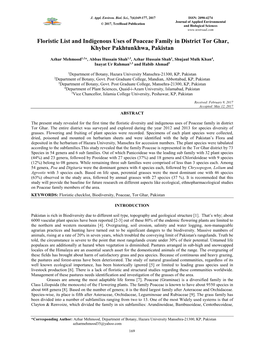 Floristic List and Indigenous Uses of Poaceae Family in District Tor Ghar, Khyber Pakhtunkhwa, Pakistan