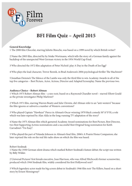 BFI Film Quiz – April 2015