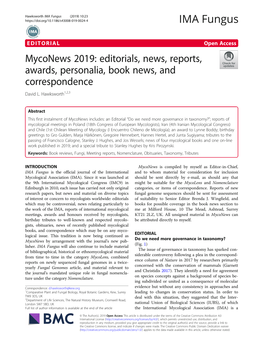 Myconews 2019: Editorials, News, Reports, Awards, Personalia, Book News, and Correspondence David L