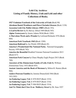 Lehi City Archives Listing of Family History, Utah and Lehi and Other Collections of Books