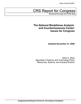The National Biodefense Analysis and Countermeasures Center: Issues for Congress