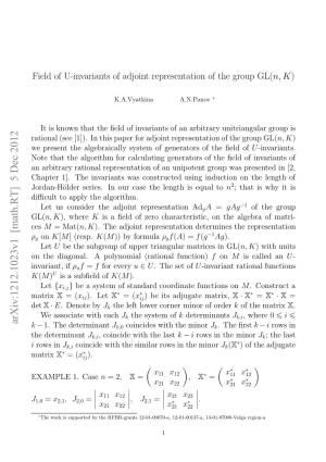 Field of U-Invariants of Adjoint Representation of the Group GL (N, K)