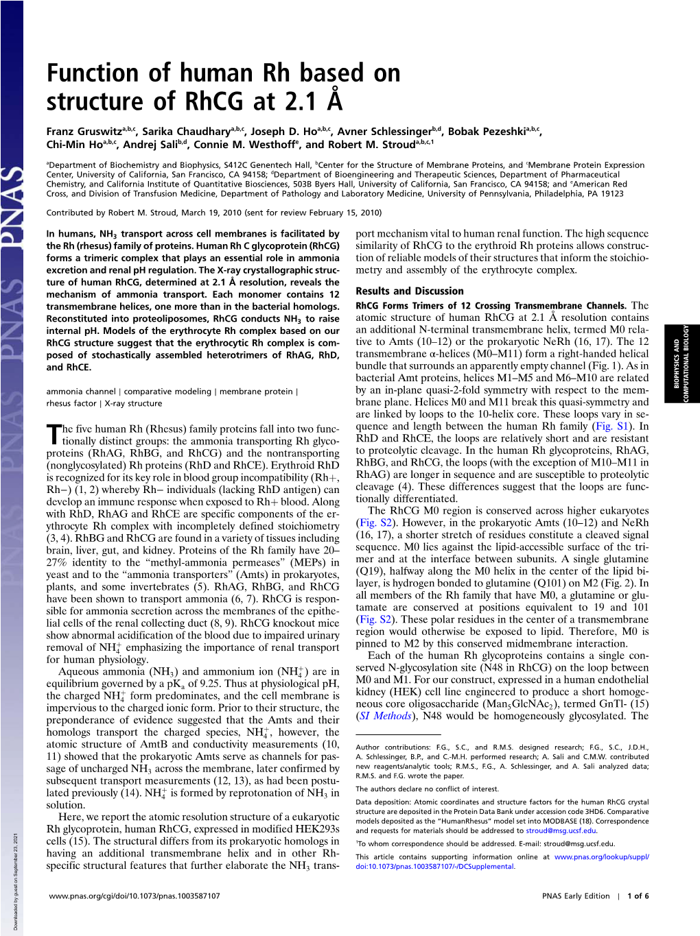 Function of Human Rh Based on Structure of Rhcg at 2.1 Å