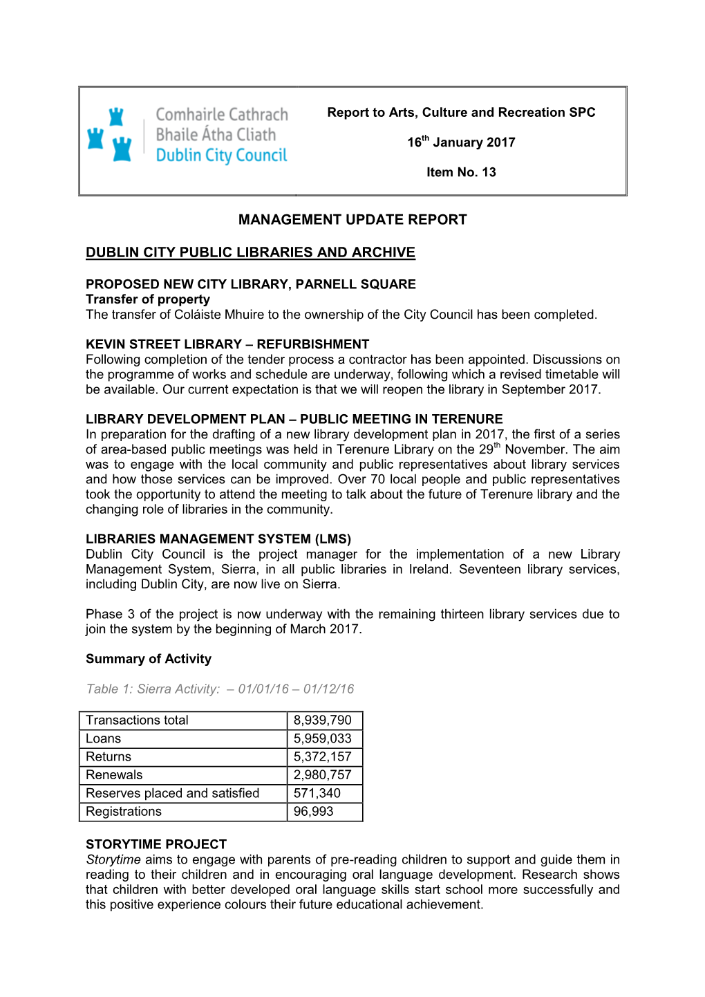 Management Update Report Dublin City Public Libraries