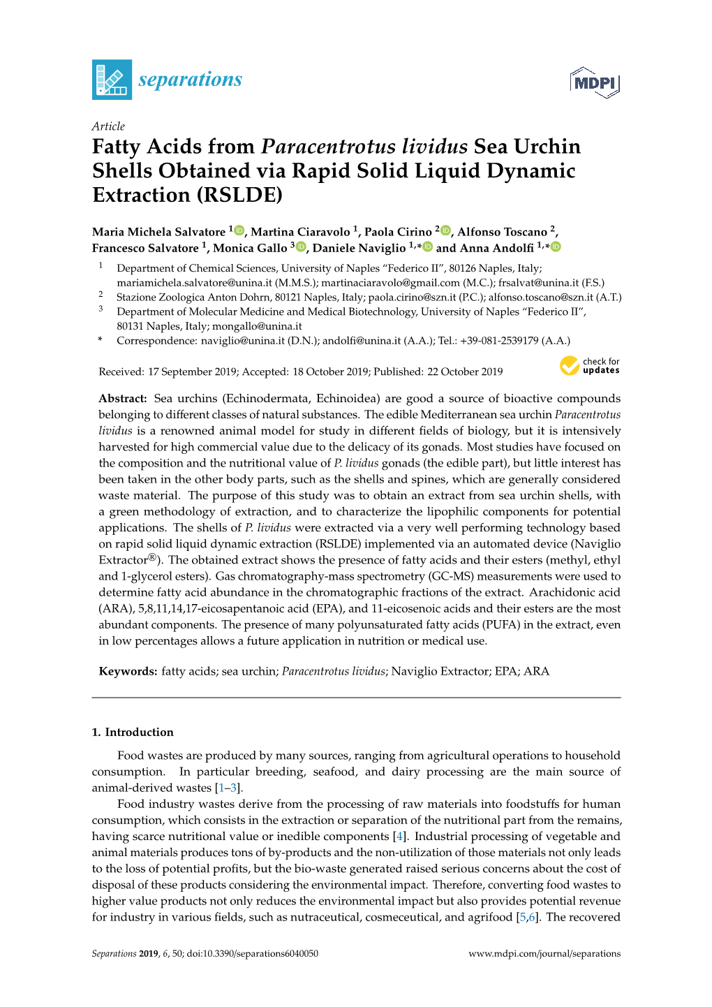 Fatty Acids from Paracentrotus Lividus Sea Urchin Shells Obtained Via Rapid Solid Liquid Dynamic Extraction (RSLDE)
