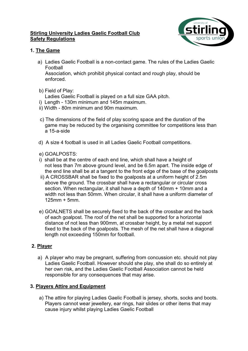 Stirling University Ladies Gaelic Football Club Safety Regulations 1