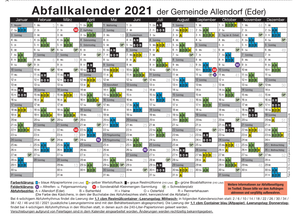 Abfallkalender 2021 Der Gemeinde Allendorf (Eder)