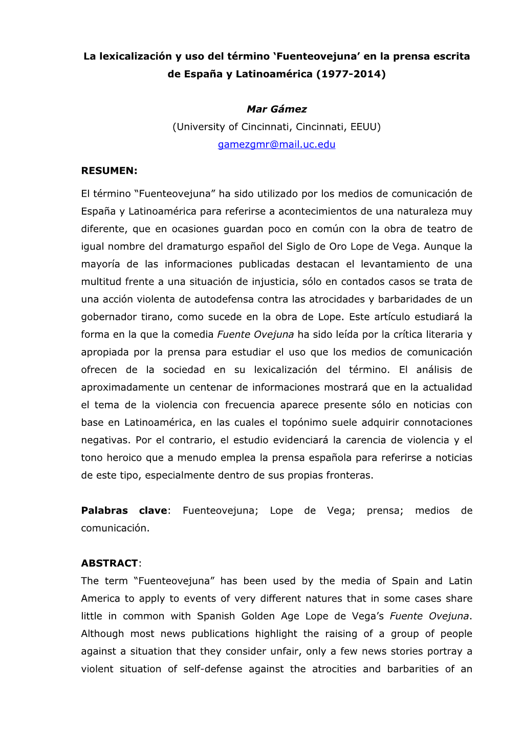 Fuenteovejuna’ En La Prensa Escrita De España Y Latinoamérica (1977-2014)