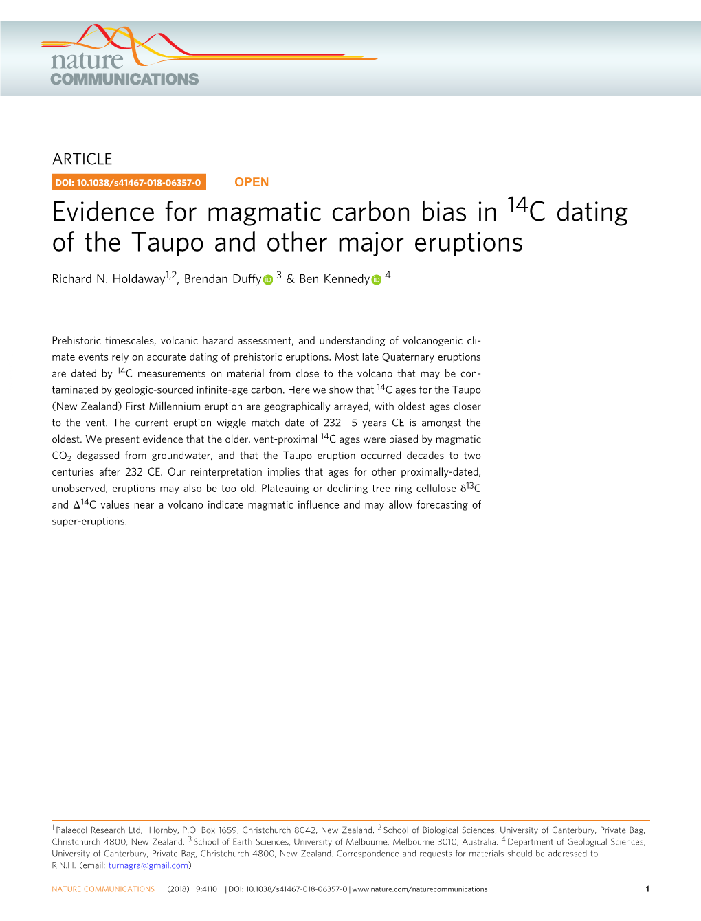 Evidence for Magmatic Carbon Bias in 14C Dating of the Taupo and Other Major Eruptions