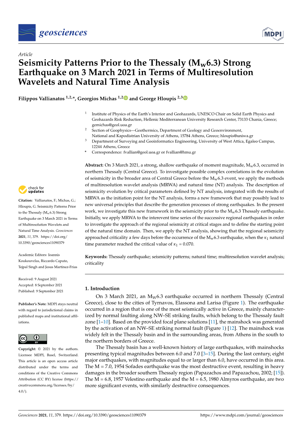 Seismicity Patterns Prior to the Thessaly (Mw6.3) Strong Earthquake on 3 March 2021 in Terms of Multiresolution Wavelets and Natural Time Analysis