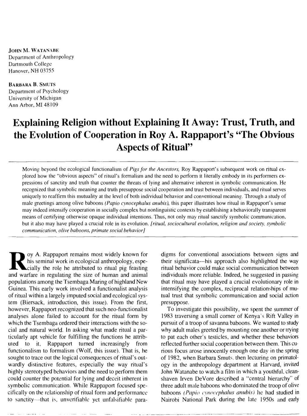 Trust, Truth, and the Evolution of Cooperation in Roy A. Rappaport's "The Obvious Aspects of Ritual"