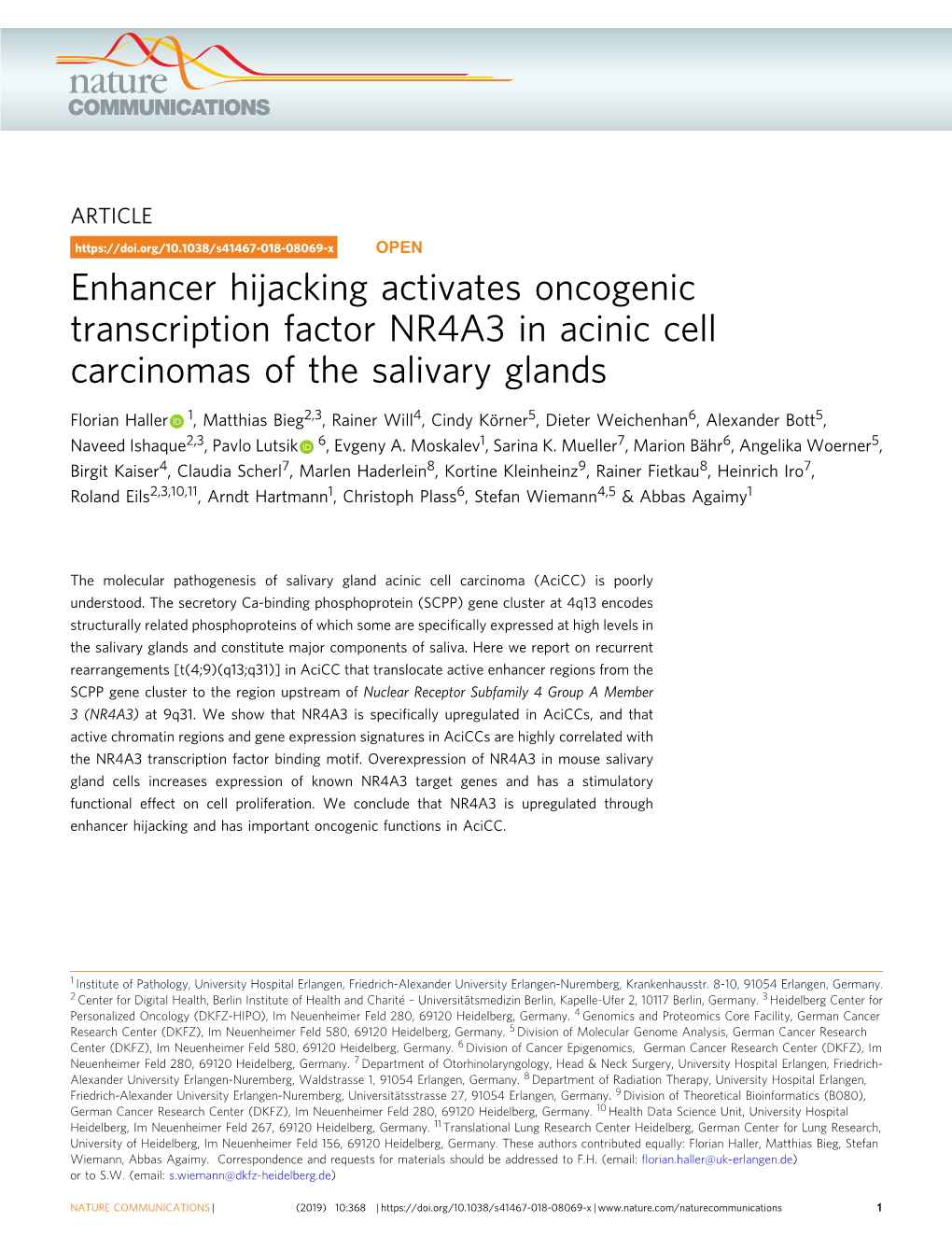 Enhancer Hijacking Activates Oncogenic Transcription Factor NR4A3 in Acinic Cell Carcinomas of the Salivary Glands