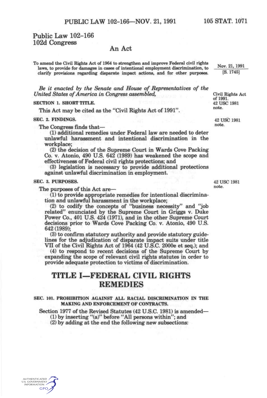 Civil Rights Act of 1964 to Strengthen and Improve Federal Civil Rights -Q.^ Laws, to Provide for Damages in Cases of Intentioneil Employment Discrimination, to Jnov