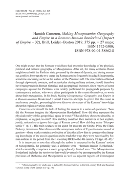 Hamish Cameron, Making Mesopotamia: Geography and Empire in a Romano-Iranian Borderland (Impact of Empire – 32), Brill, Leiden–Boston 2019, 375 Pp