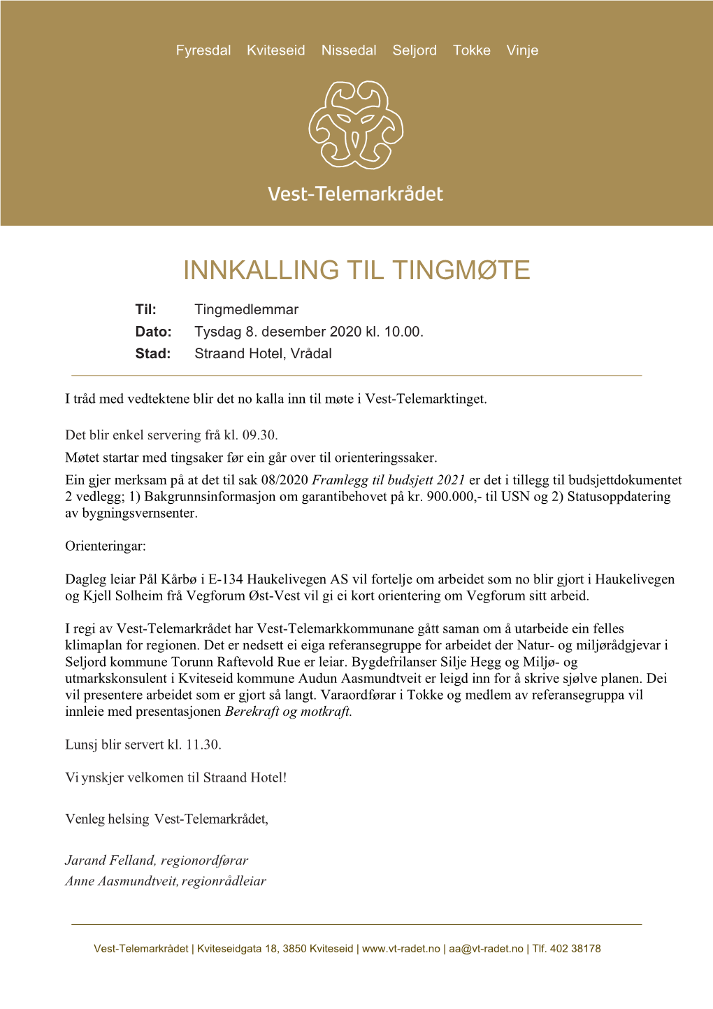 Saksdokument Til Vest-Telemarktinget 8. Desember